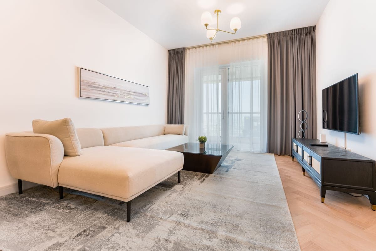 A low-pile neutral washable area rug in a bright living room